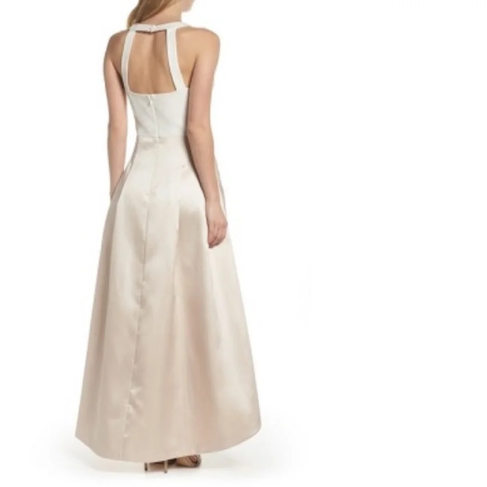 NEW ELIZA J Asymmetrical CHAMPAGNE Two Tone CREPE & MIKADO High Low DRESS GOWN 4 - Picture 8 of 13